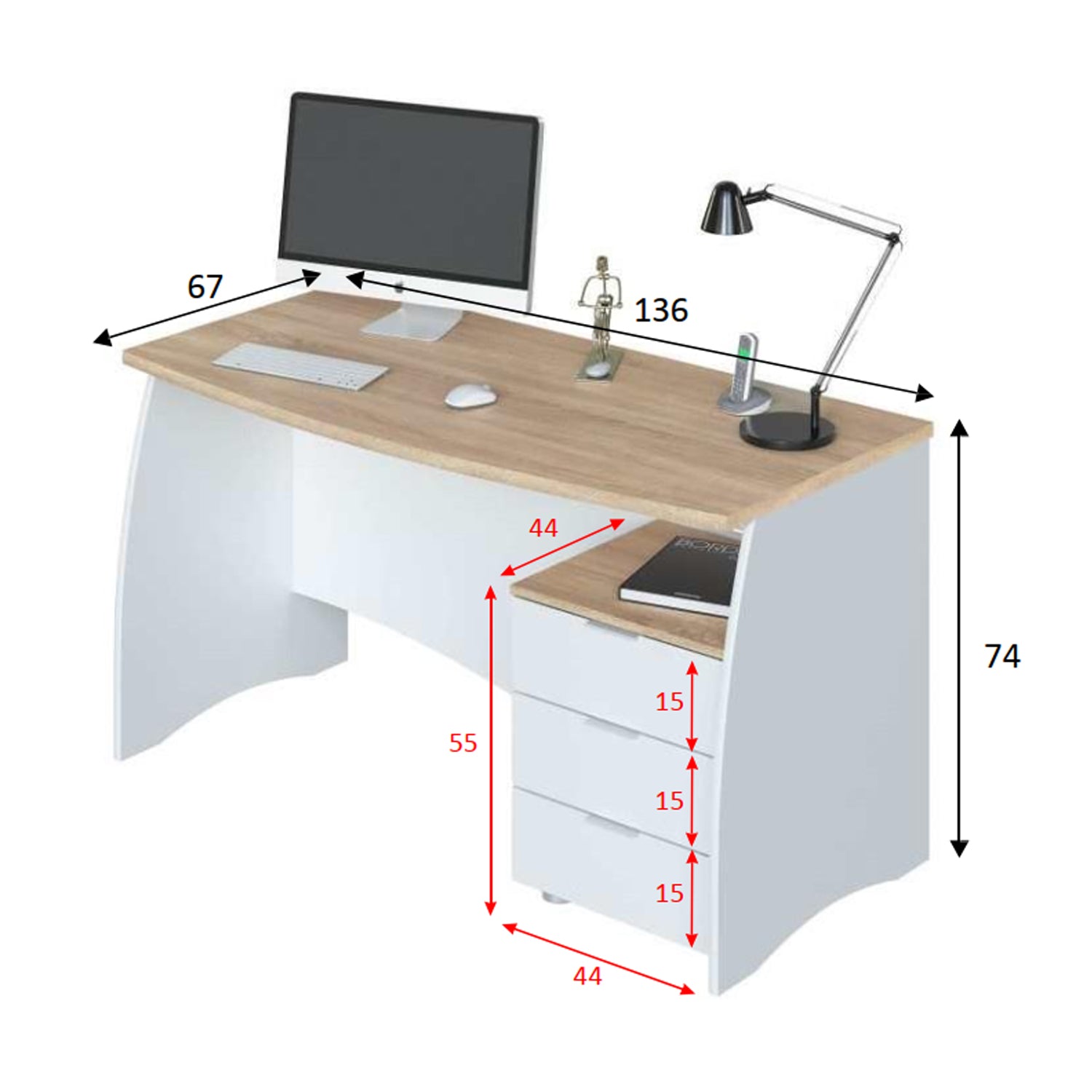 Scrivania con cassettiera a 3 cassetti 136x67xH.74 cm - Bianco Artik/Rovere Canadian by CeramicStore | Lo specialista del tuo bagno