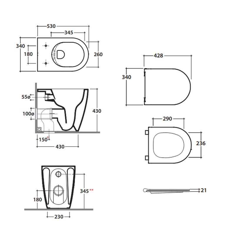 Sanitari filomuro Bianco Opaco rimless 53 cm Ceramica Globo Mode Wc scarico Multi
