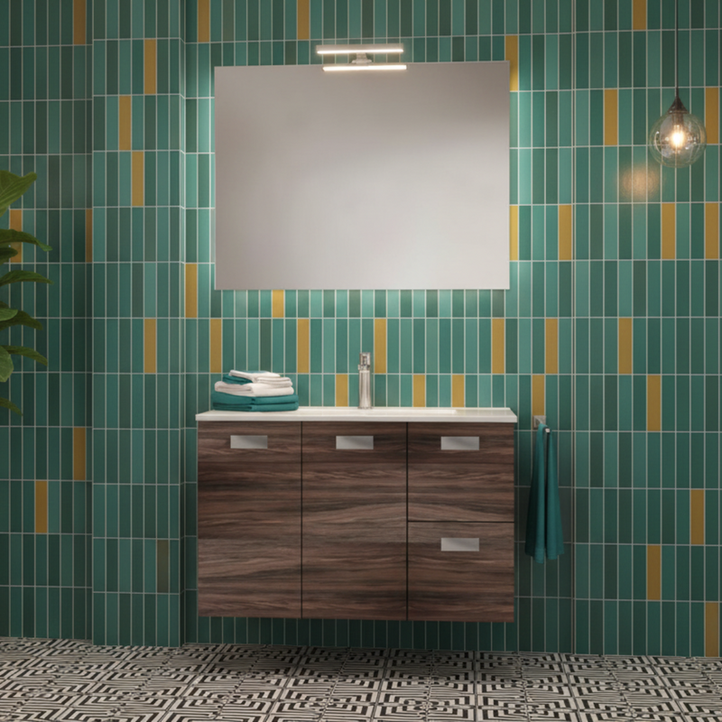 Mueble de baño suspendido con base, lavabo y espejo con Led modelo Elisa 85 - Olmo Caffé