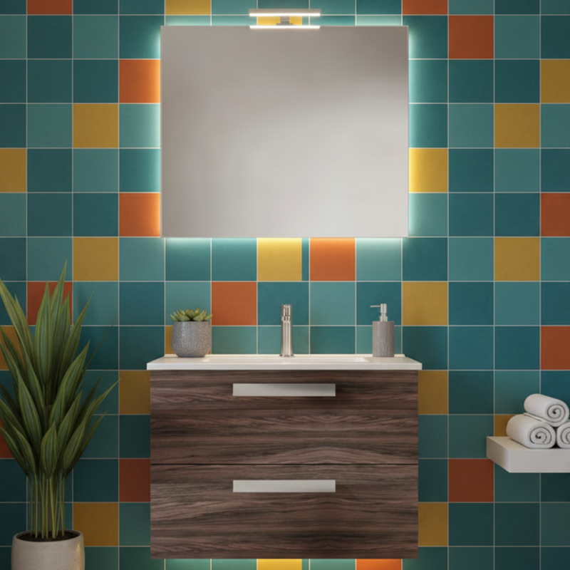 Mueble de baño suspendido con base, lavabo y espejo con Led modelo Clara 85 - Olmo Caffé