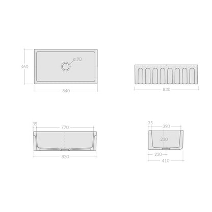 Vasca Lavello cucina 84x46 in ceramica Bianco Lucido collezione Fluted di Ceramica Galassia con Frontale Scanalato