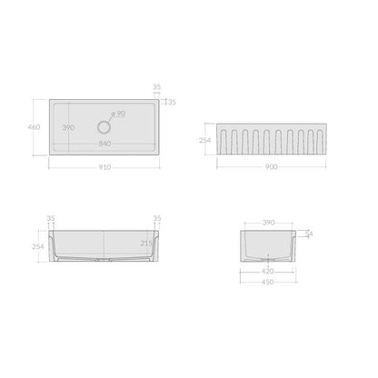 Vasca Lavello cucina 91x46 in ceramica Bianco Lucido collezione Fluted di Ceramica Galassia con Frontale Scanalato