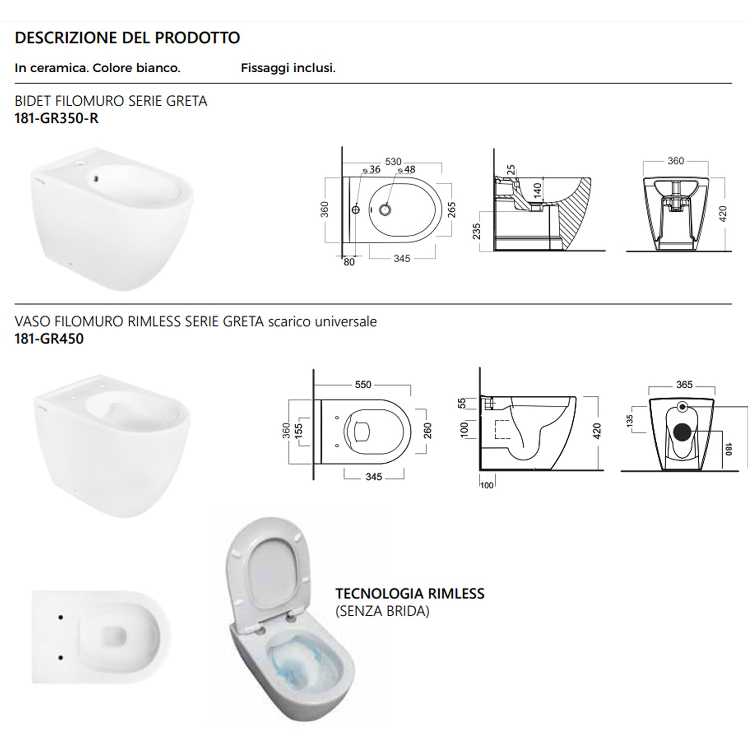 Sanitari filomuro collezione Tiara Linpha Sanitary cm 36x53 senza brida con copriwater soft close