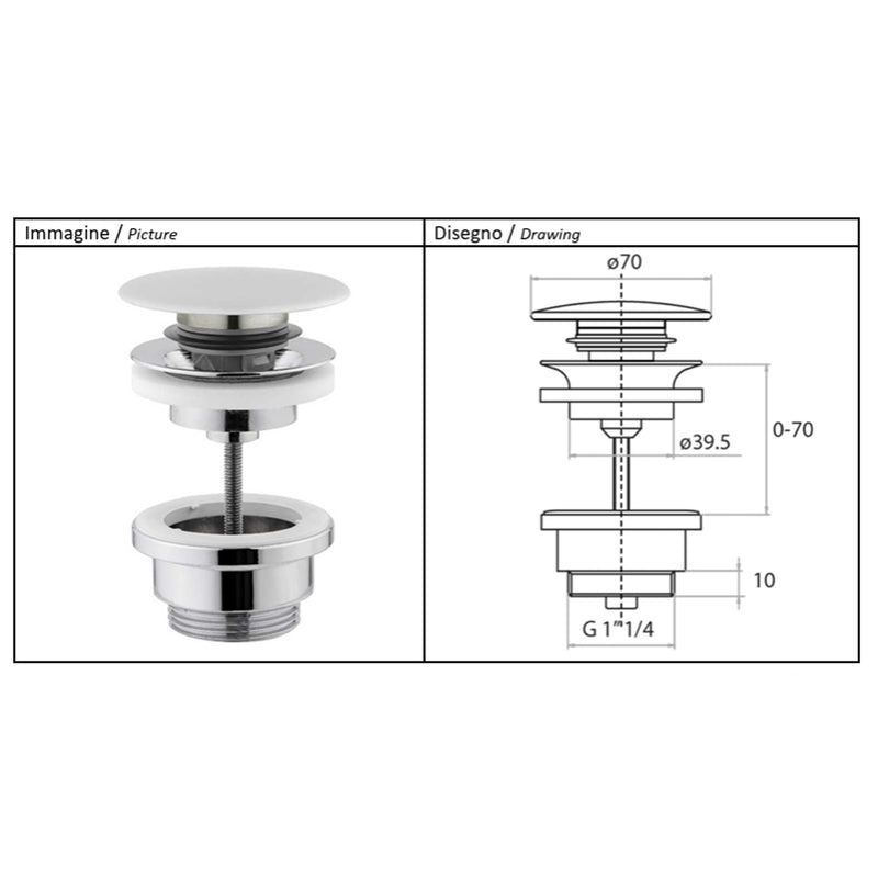 Piletta universale in ottone cromato con tappo in ceramica e meccanismo a pressione Skip-up 2.0 by CeramicStore | Lo specialista del tuo bagno
