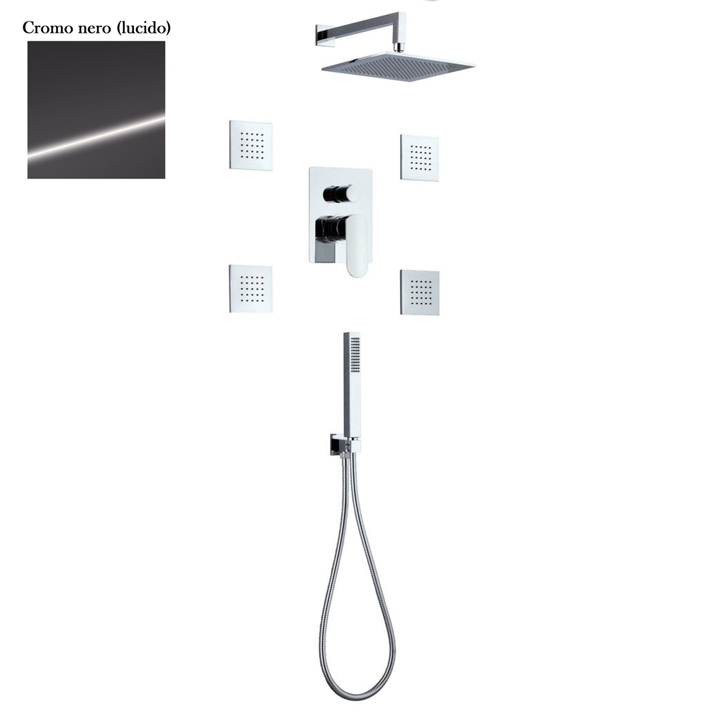 Set doccia composto da soffione Parigi, 4 bodyjet, doccia e flessibile e deviatore 3 vie cromo nero by CeramicStore | Lo specialista del tuo bagno