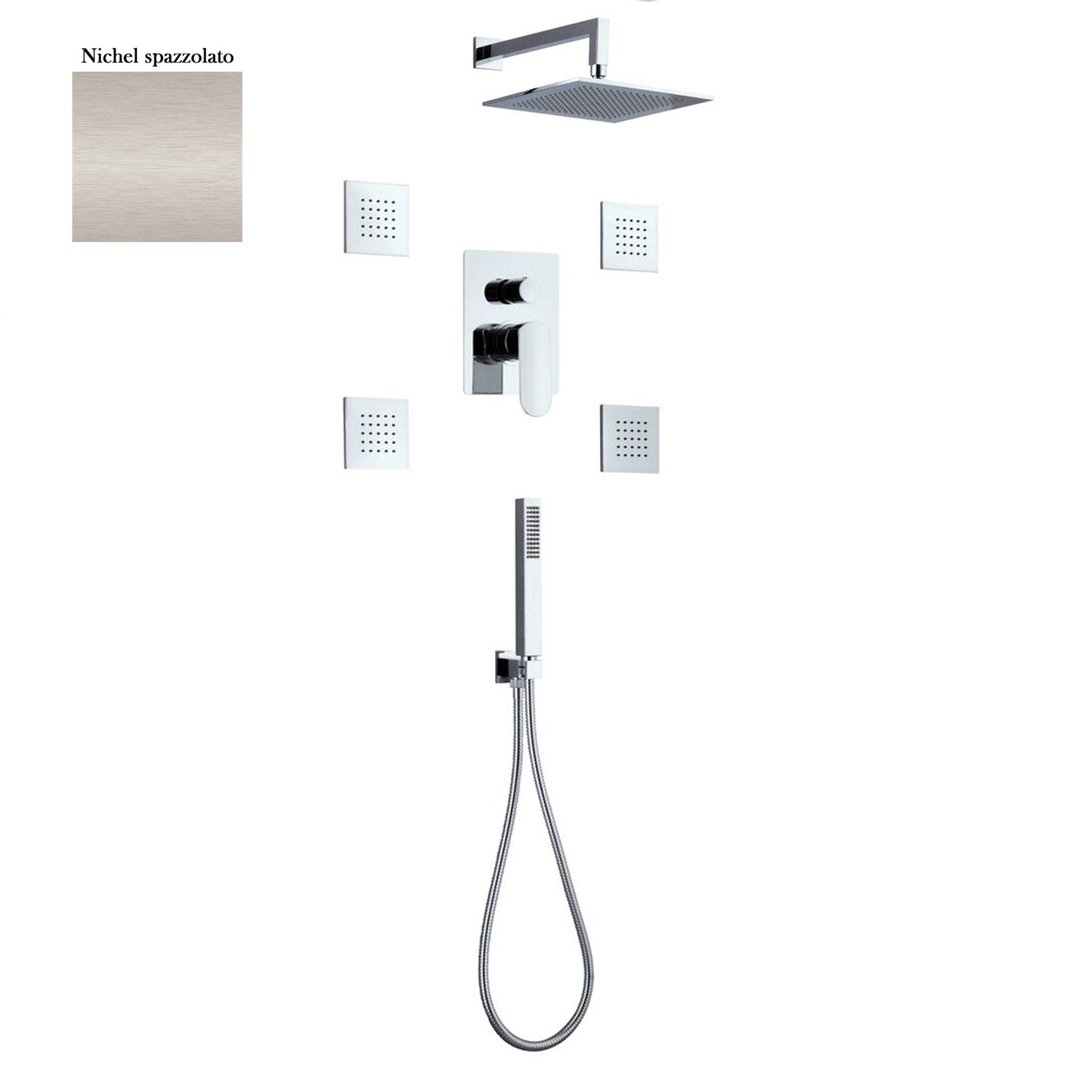 Set doccia composto da soffione Parigi, 4 bodyjet, doccia e flessibile e deviatore 3 vie nichel by CeramicStore | Lo specialista del tuo bagno