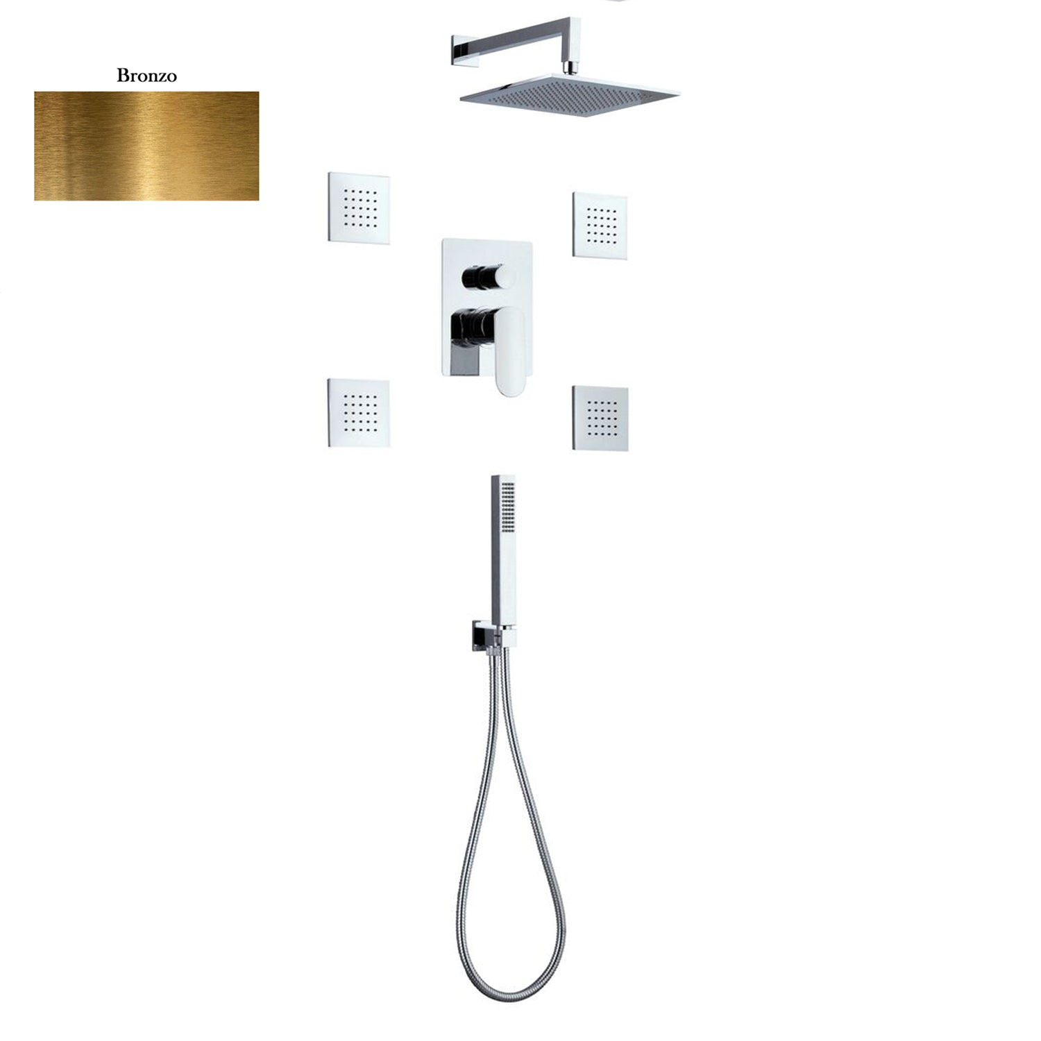 Set doccia composto da soffione Parigi, 4 bodyjet, doccia e flessibile e deviatore 3 vie bronzo by CeramicStore | Lo specialista del tuo bagno