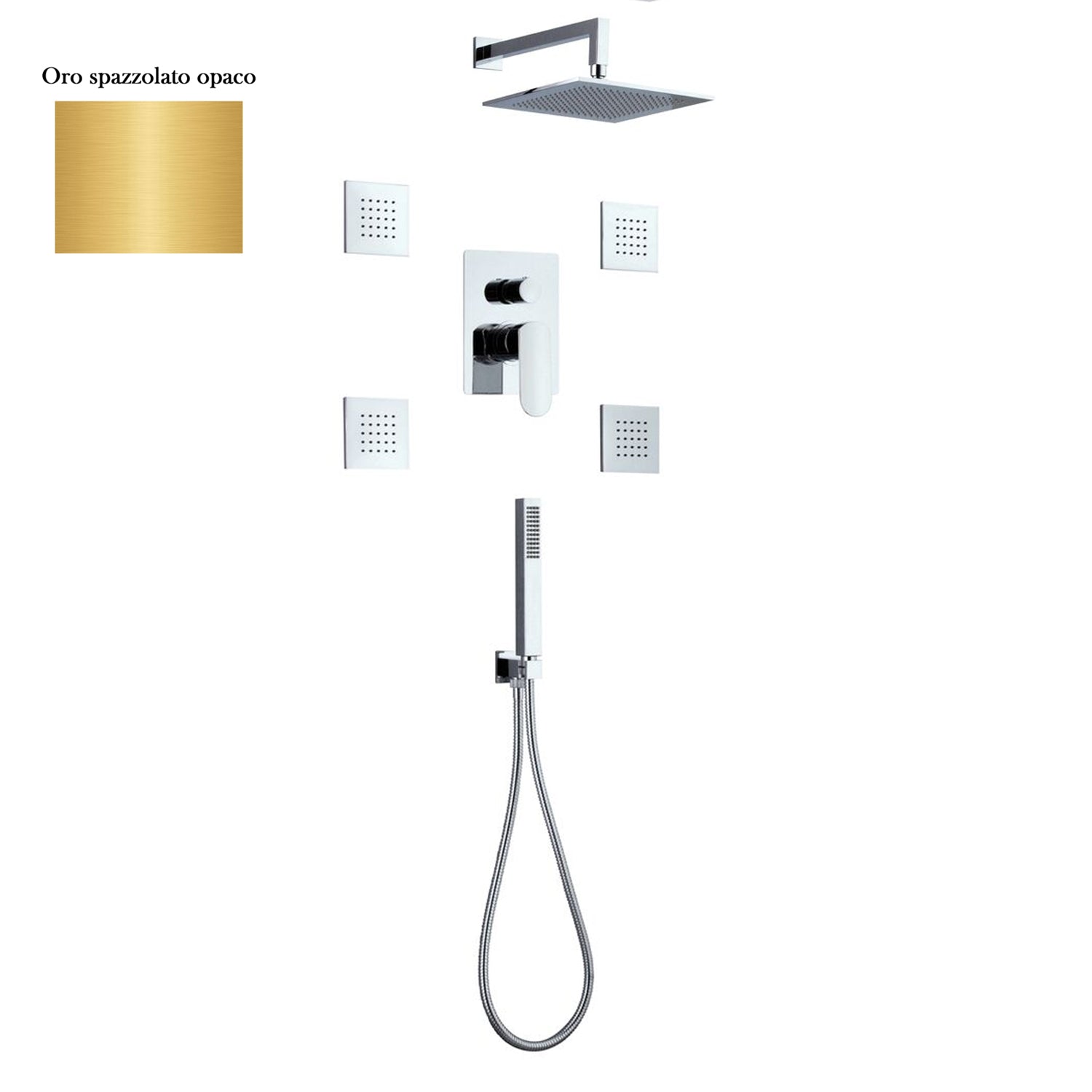 Set doccia composto da soffione Parigi, 4 bodyjet, doccia e flessibile e deviatore 3 vie oro spazzolato by CeramicStore | Lo specialista del tuo bagno