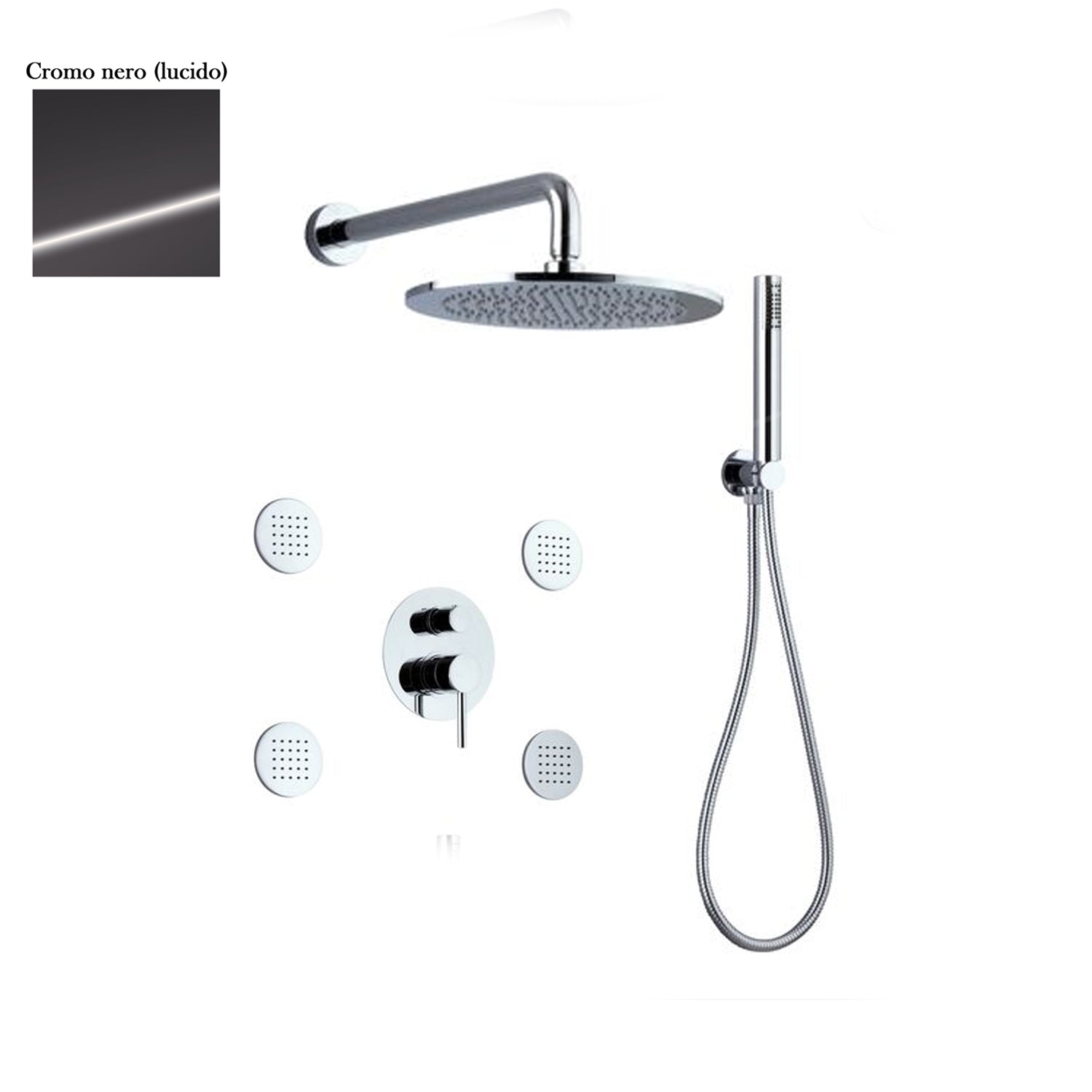 Set doccia composto da soffione Vienna, 4 bodyjet, doccia e flessibile e deviatore 3 vie cromo nero by CeramicStore | Lo specialista del tuo bagno