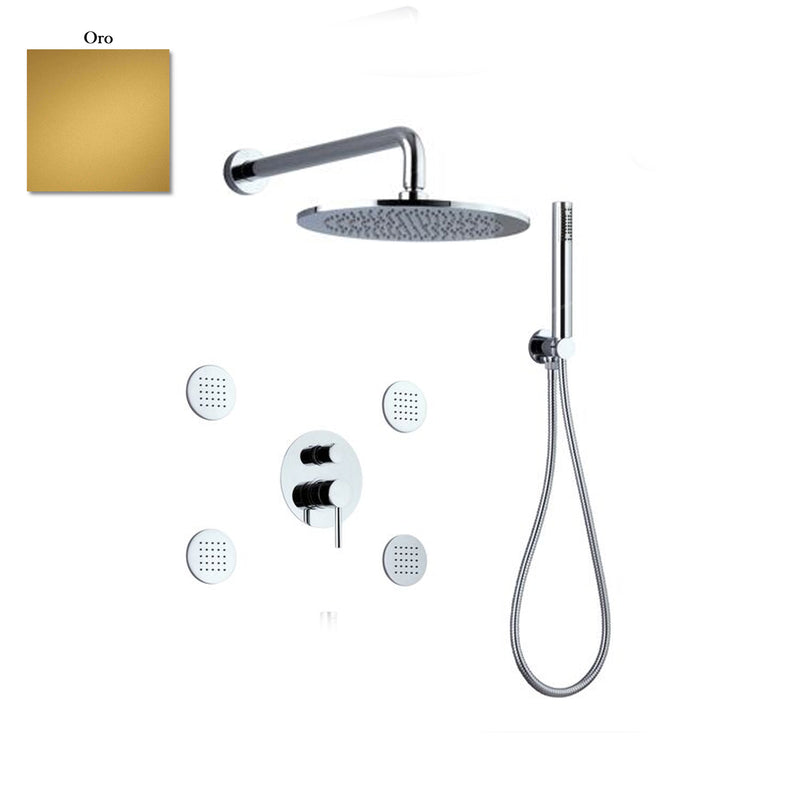 Set doccia composto da soffione Vienna, 4 bodyjet, doccia e flessibile e deviatore 3 vie oro by CeramicStore | Lo specialista del tuo bagno