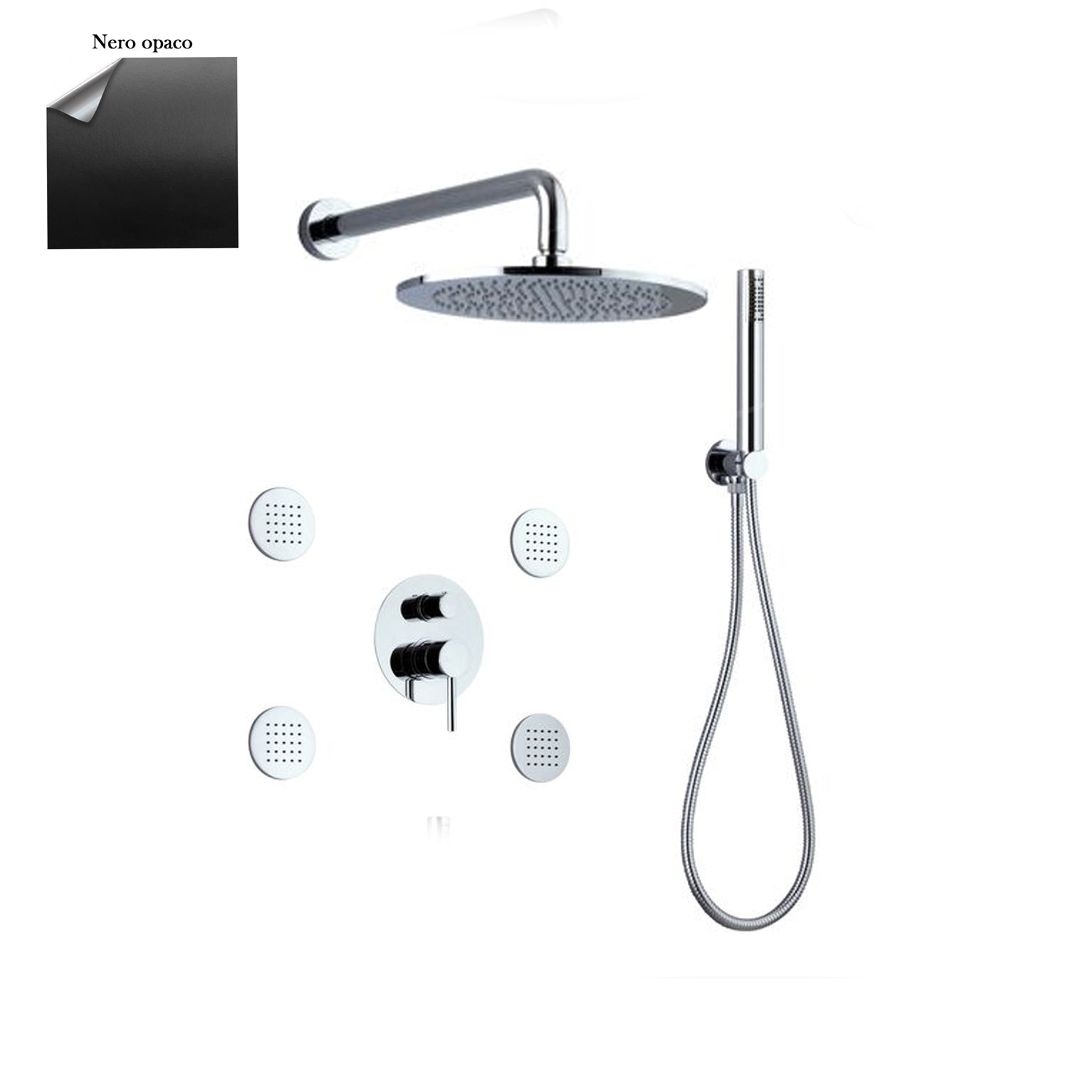 Set doccia composto da soffione Vienna, 4 bodyjet, doccia e flessibile e deviatore 3 vie nero by CeramicStore | Lo specialista del tuo bagno