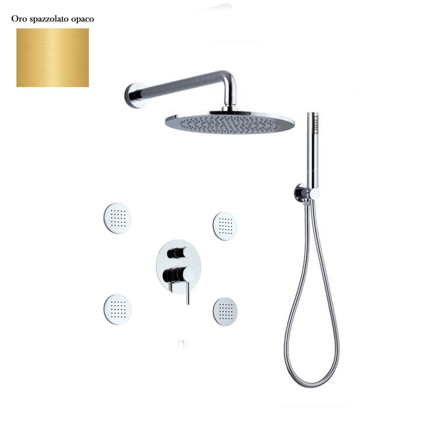 Set doccia composto da soffione Vienna, 4 bodyjet, doccia e flessibile e deviatore 3 vie oro spazzolato by CeramicStore | Lo specialista del tuo bagno