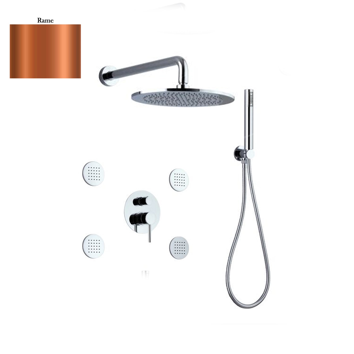 Set doccia composto da soffione Vienna, 4 bodyjet, doccia e flessibile e deviatore 3 vie rame by CeramicStore | Lo specialista del tuo bagno