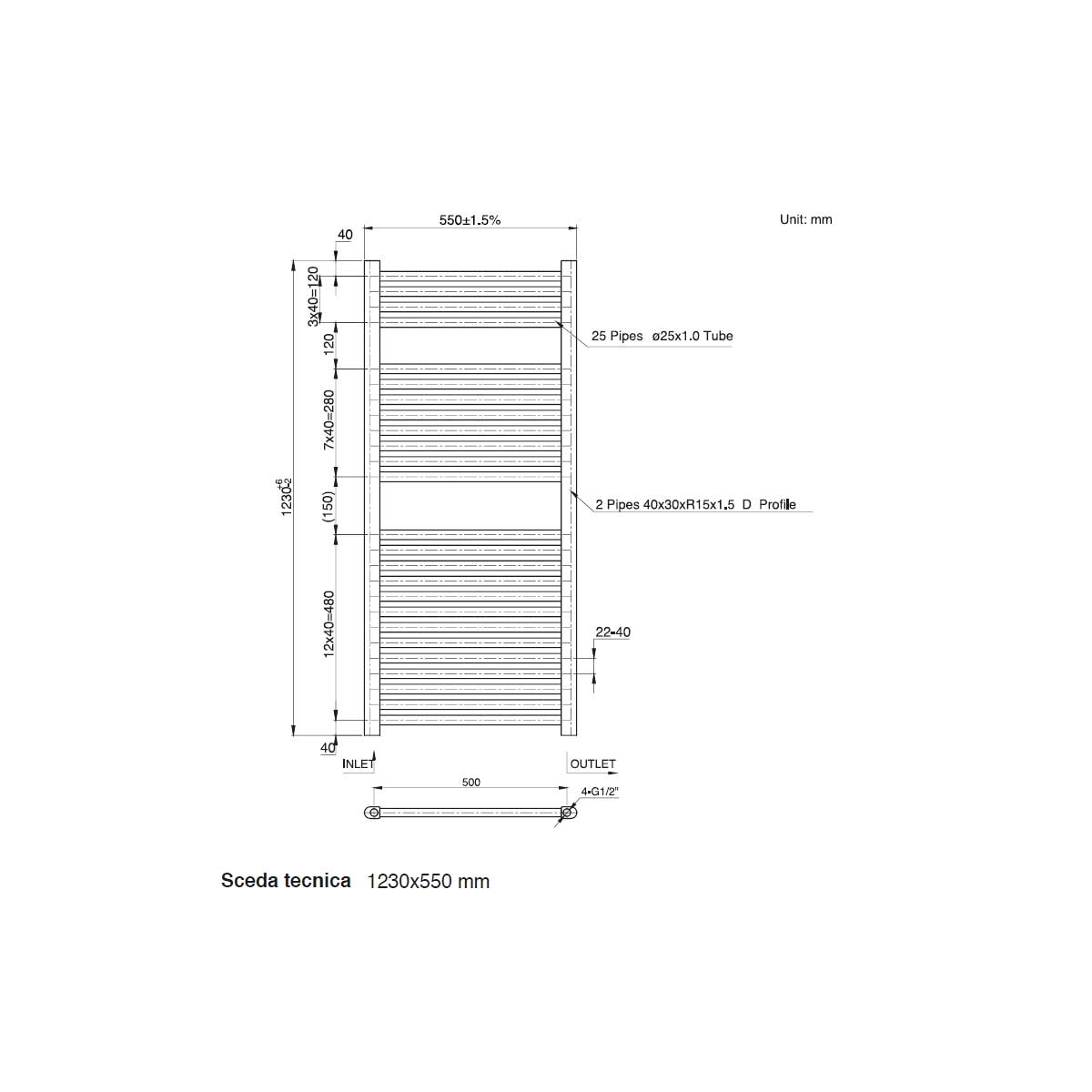 Termoarredo scaldasalviette da bagno idraulico 1230x550 mm interasse 500 mm in acciaio Cromato by CeramicStore | Lo specialista del tuo bagno