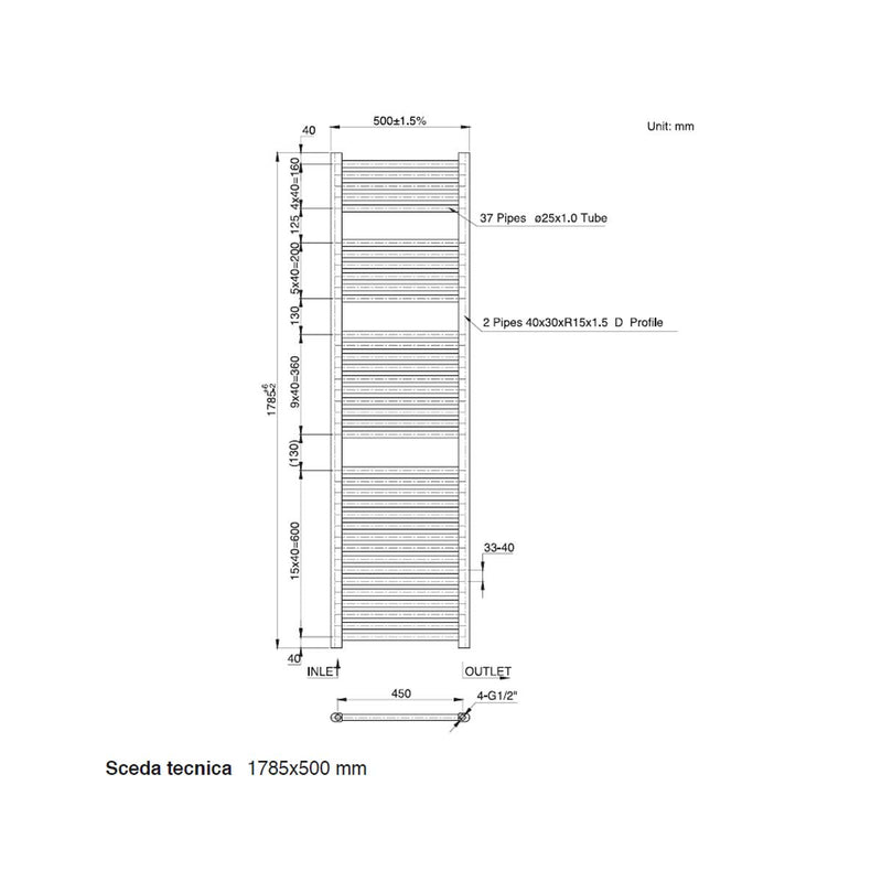 Termoarredo scaldasalviette da bagno idraulico 1780x500 mm interasse 450 mm in acciaio Cromato by CeramicStore | Lo specialista del tuo bagno