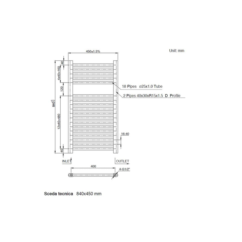 Termoarredo scaldasalviette da bagno idraulico 840x500 mm interasse 450 mm in acciaio Verniciato Nero by CeramicStore | Lo specialista del tuo bagno