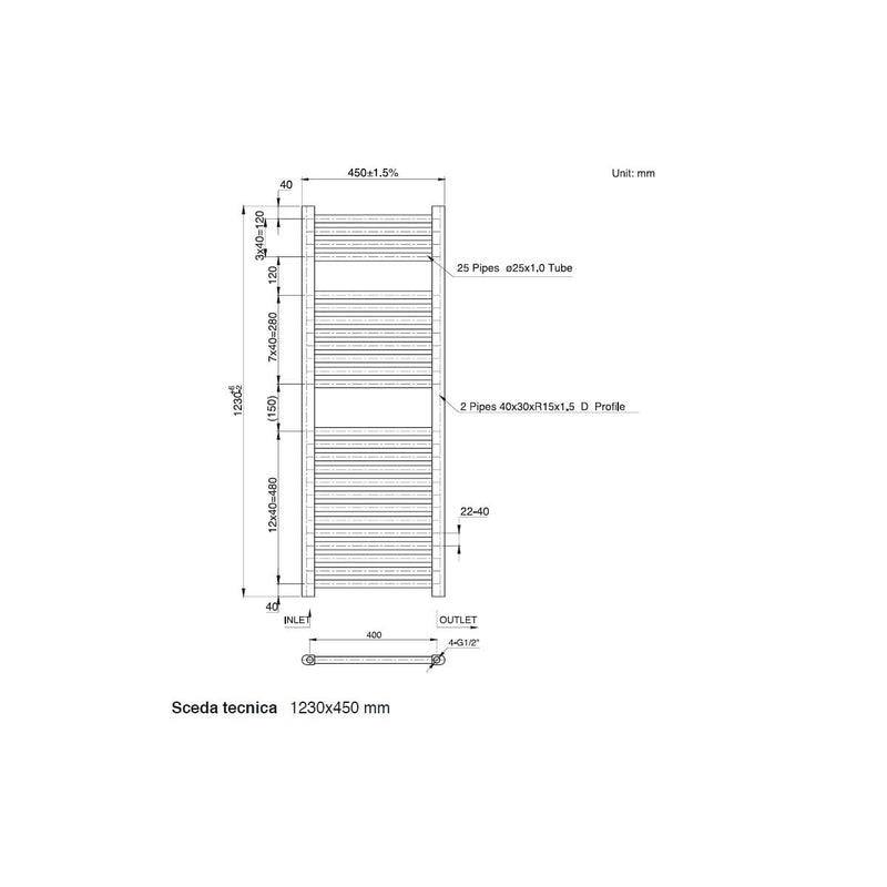 Termoarredo scaldasalviette da bagno idraulico 1230x450 mm interasse 400 mm in acciaio Verniciato Nero by CeramicStore | Lo specialista del tuo bagno