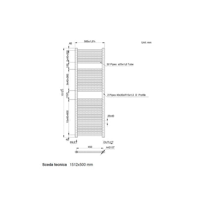 Termoarredo scaldasalviette da bagno idraulico 1512x500 mm interasse 450 mm in acciaio Verniciato Nero by CeramicStore | Lo specialista del tuo bagno