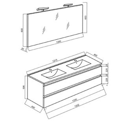 Mobile bagno con doppio lavabo in ceramica specchio e lampade cm 120 colore Rovere Grigio- Cubi&Co modello Symmetry Classic 5 by CeramicStore | Lo specialista del tuo bagno