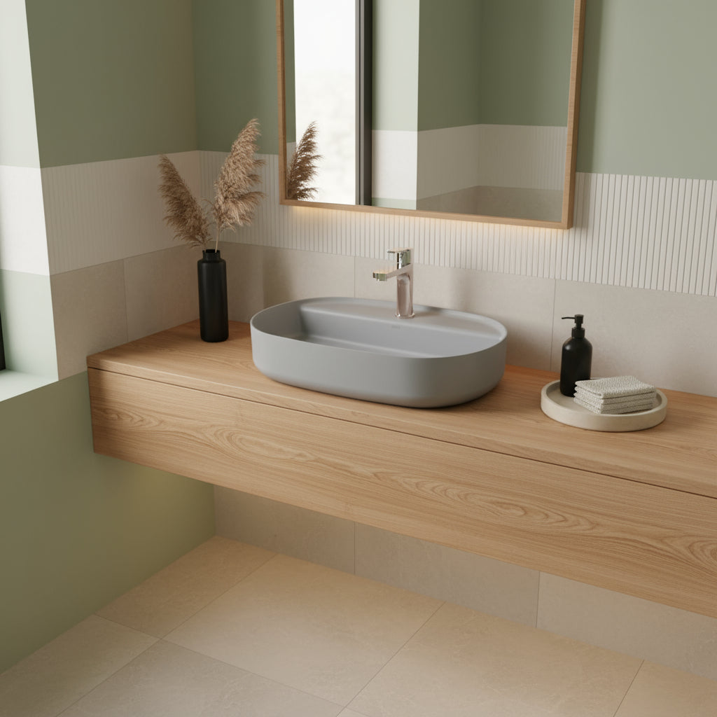 Lavabo d'appoggio ovale con foro BathCore serie Infinity 60x40 color Grigio Pietra Opaco