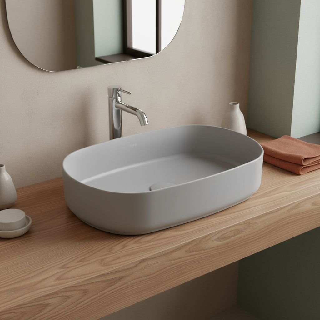 Lavabo d'appoggio ovale senza foro BathCore serie Infinity 55x36 color Grigio Pietra Opaco