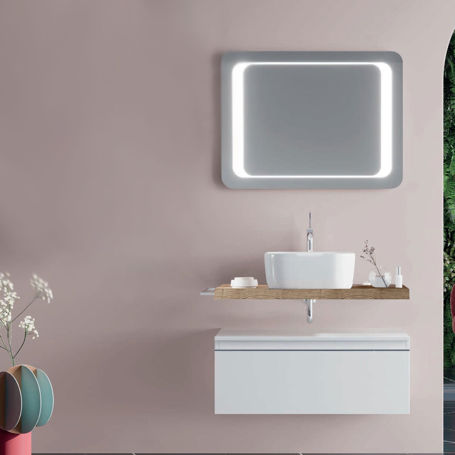Mobile bagno con lavabo d'appoggio in ceramica e specchio led cm 80 rovere naturale e bianco lucido- Cubi&Co modello Destiny 2 by CeramicStore | Lo specialista del tuo bagno