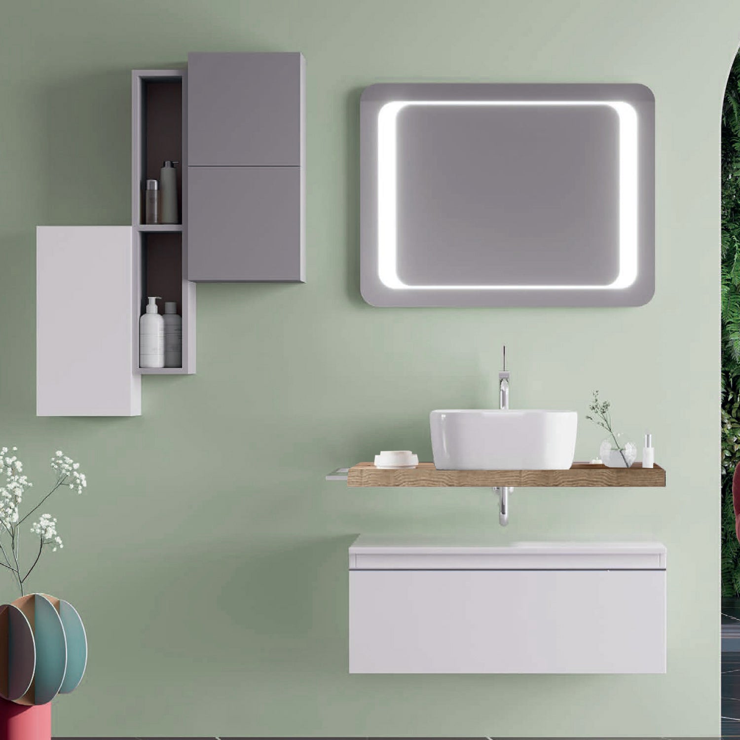 Mobile bagno con lavabo d'appoggio in ceramica e specchio led cm 80 rovere naturale e bianco opaco- Cubi&Co modello Destiny 2 by CeramicStore | Lo specialista del tuo bagno