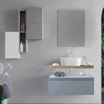 Mobile bagno con lavabo d'appoggio in ceramica e specchio cm 80 rovere naturale e blu pastello opaco - Cubi&Co modello Destiny 2 by CeramicStore | Lo specialista del tuo bagno