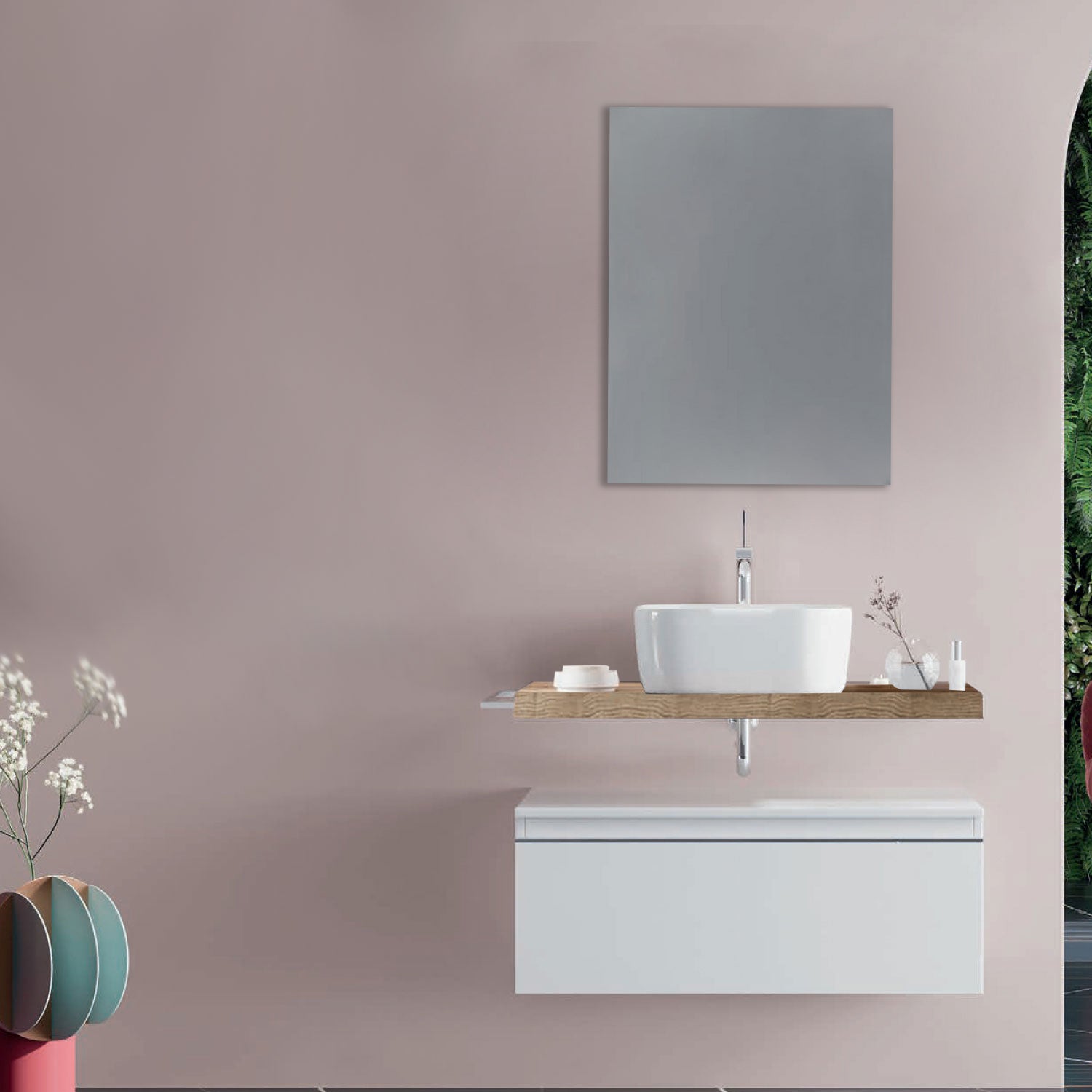 Mobile bagno con lavabo d'appoggio in ceramica e specchio cm 80 rovere naturale e bianco lucido - Cubi&Co modello Destiny 2 by CeramicStore | Lo specialista del tuo bagno