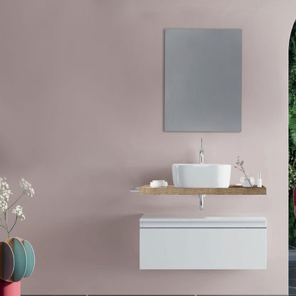 Mobile bagno con lavabo d'appoggio in ceramica e specchio cm 80 rovere naturale e bianco lucido - Cubi&Co modello Destiny 2 by CeramicStore | Lo specialista del tuo bagno
