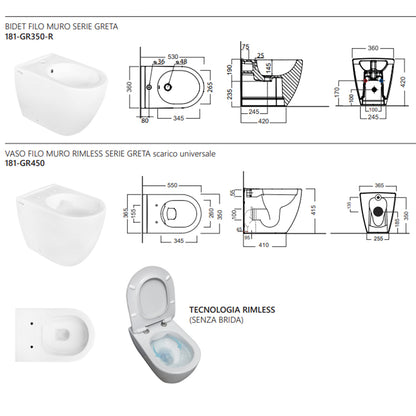 Sanitari filomuro collezione Tiara di Linpha Sanitary cm 36x53 senza brida con copriwater soft close -Bianco Opaco