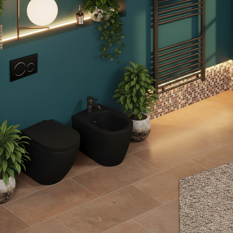 Sanitari Filomuro Rimless con copriwater Soft Close BathCore serie Infinity 53x36,5xH40 cm Nero Opaco - Outlet