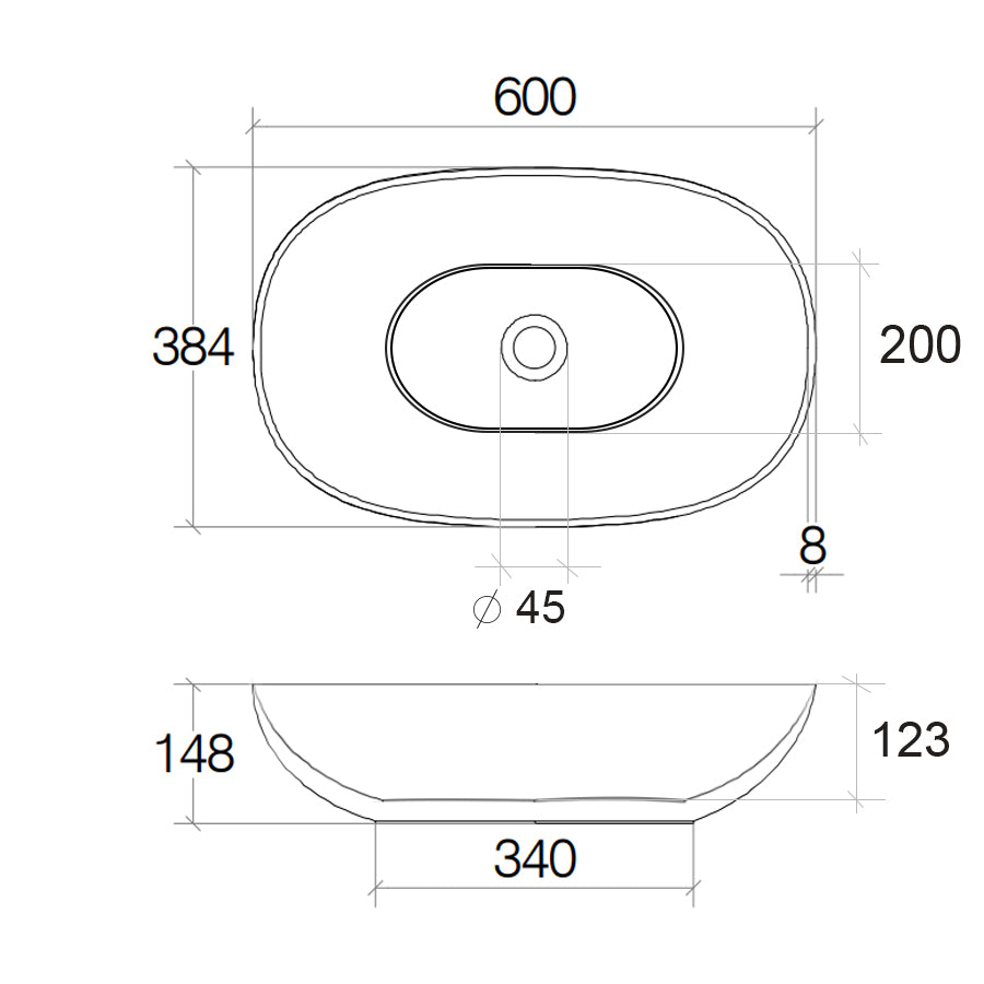 Lavabo vasca ovale da appoggio senza piletta Lineabeta collezione Acquaio in ceramica bianco opaco cm 60x38