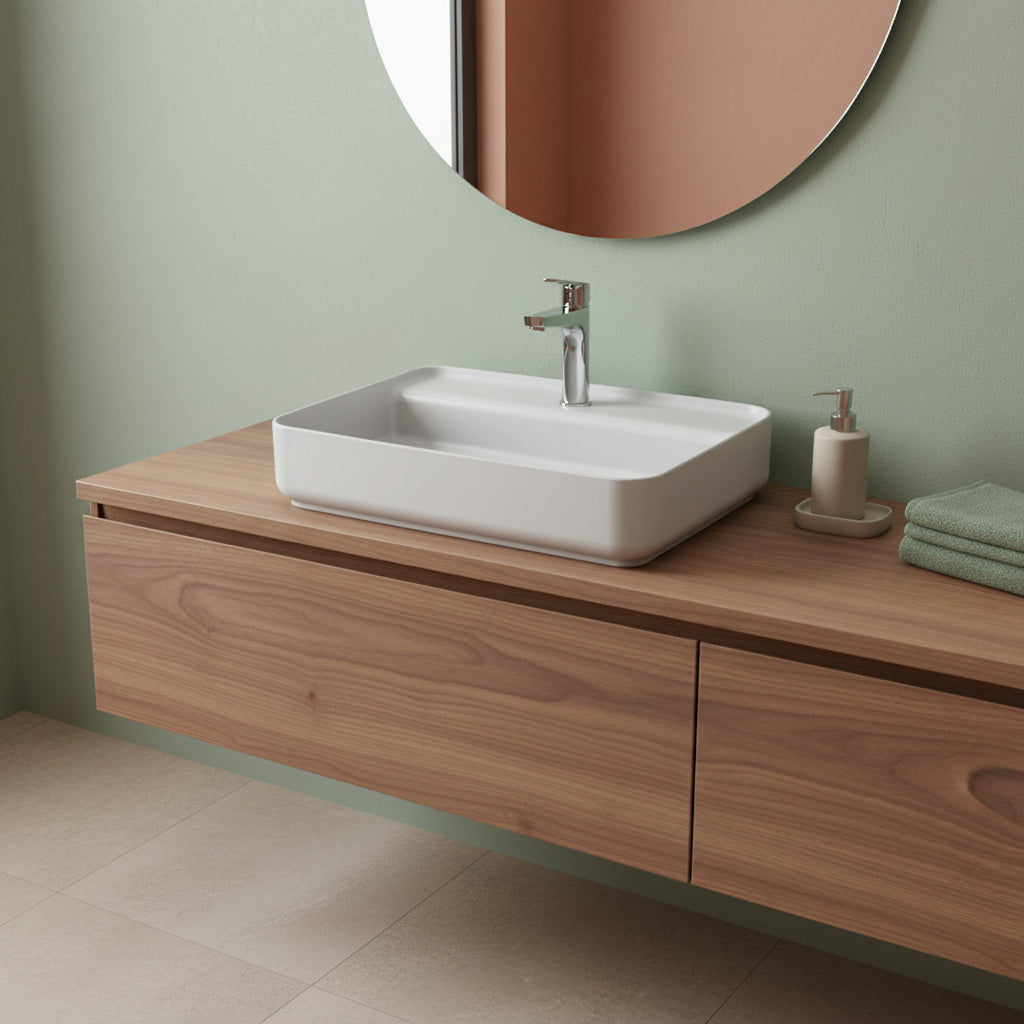 Lavabo d'appoggio rettangolare con foro BathCore serie Infinity 55x40 color Bianco Opaco