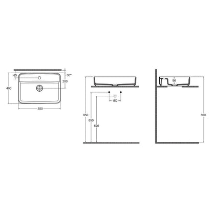 Lavabo d'appoggio rettangolare con foro BathCore serie Infinity 55x40 color Grigio Pietra Opaco