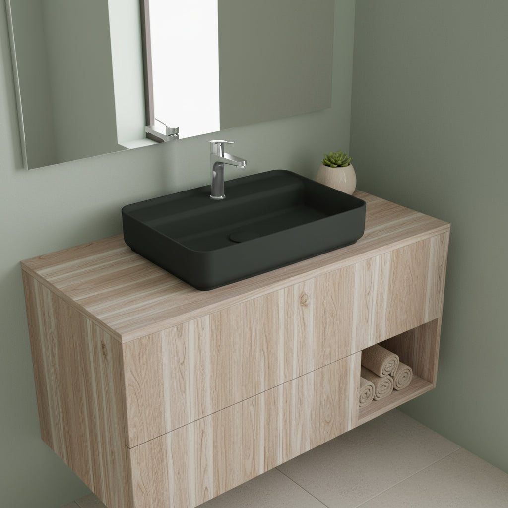 Lavabo d'appoggio rettangolare con foro BathCore serie Infinity 55x40 color Nero Opaco