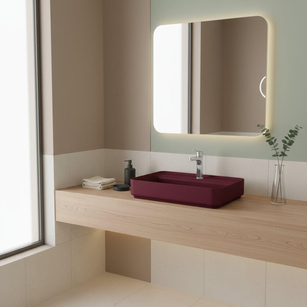 Lavabo d'appoggio rettangolare con foro BathCore serie Infinity 55x40 color Bordeaux Opaco