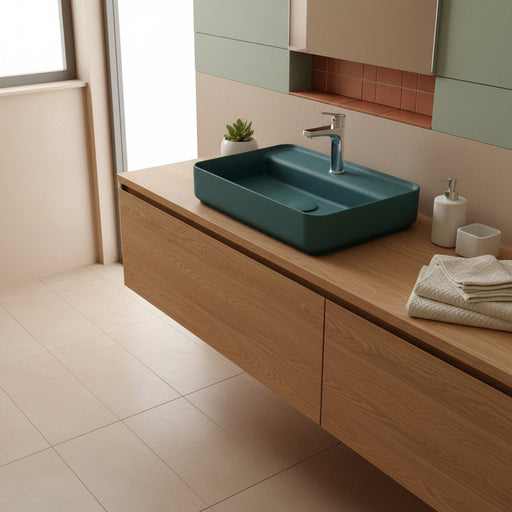 Lavabo d'appoggio rettangolare con foro BathCore serie Infinity 55x40 color Verde Petrolio Opaco
