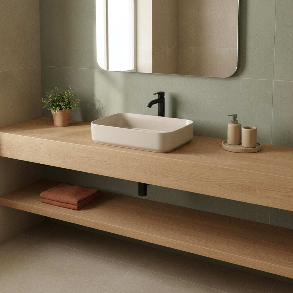 Lavabo d'appoggio rettangolare senza foro BathCore serie Infinity 50x36 color Avorio Opaco
