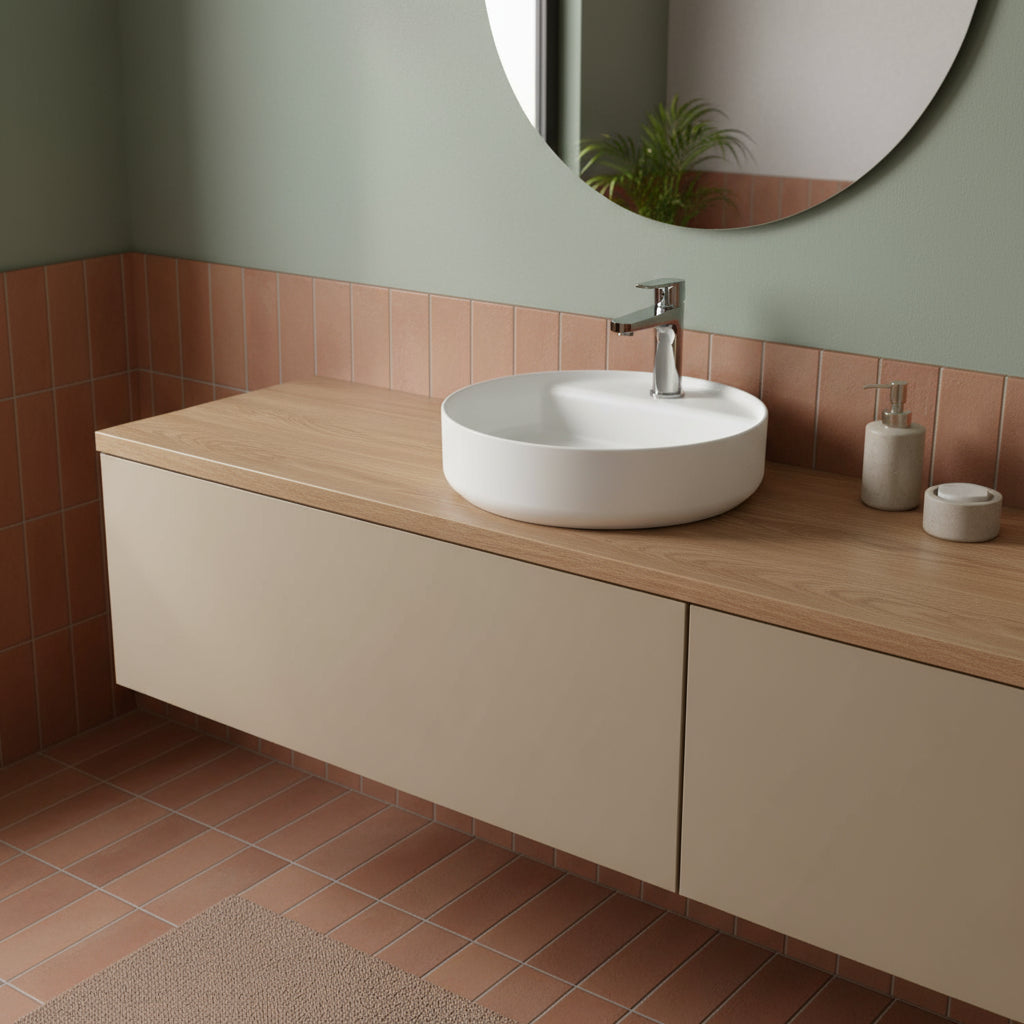 Lavabo d'appoggio tondo con foro BathCore serie Infinity 42 cm color Bianco Lucido