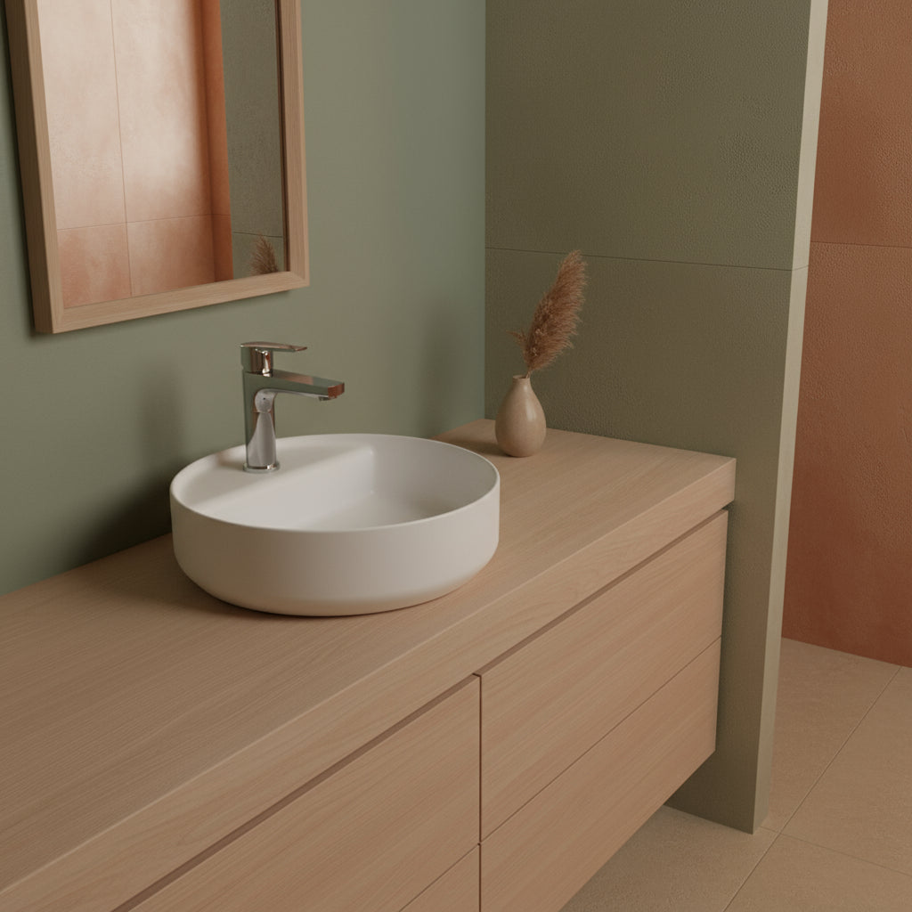 Lavabo d'appoggio tondo con foro BathCore serie Infinity 42 cm color Bianco Opaco