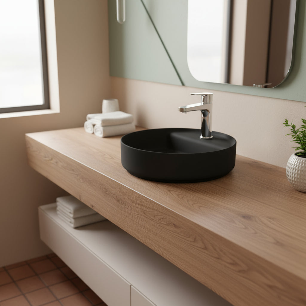 Lavabo d'appoggio tondo con foro BathCore serie Infinity 42 cm color Nero Opaco