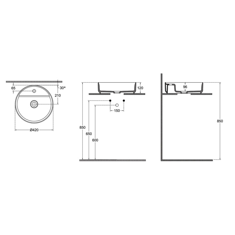 Lavabo d'appoggio tondo con foro BathCore serie Infinity 42 cm color Bordeaux Opaco