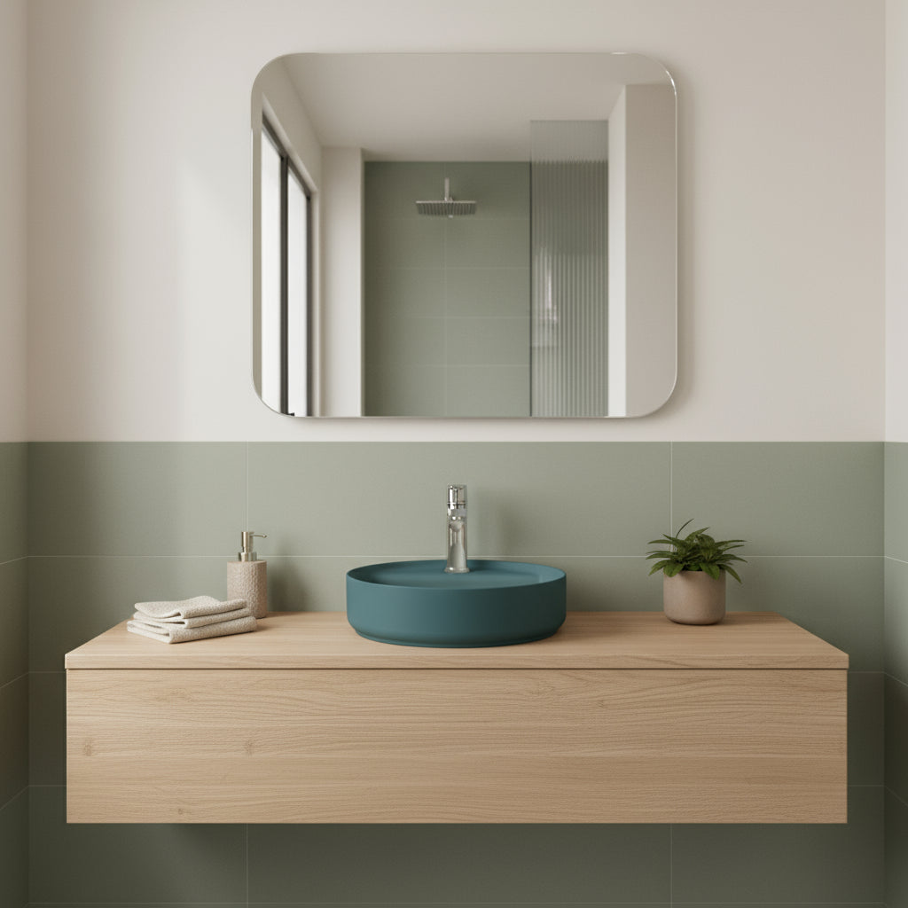 Lavabo d'appoggio tondo con foro BathCore serie Infinity 42 cm color Verde Petrolio Opaco