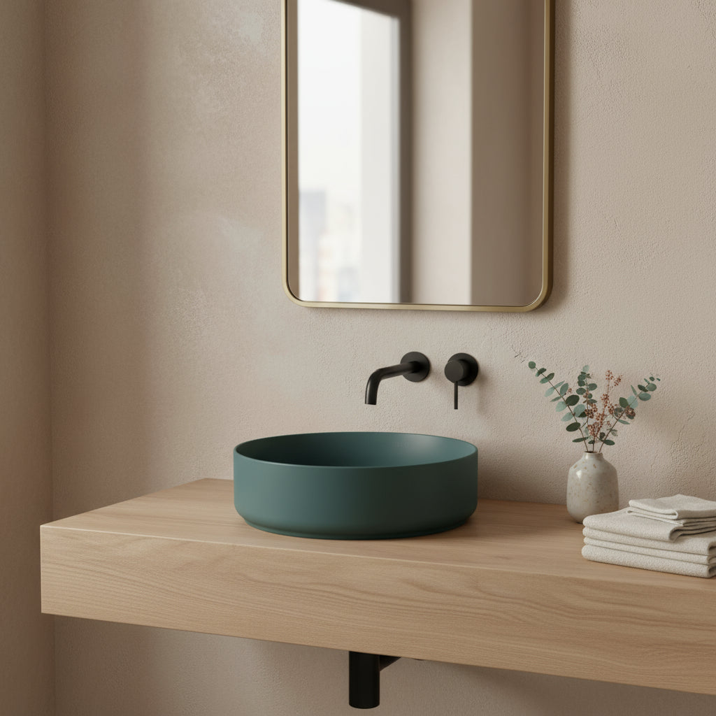 Lavabo d'appoggio tondo senza foro BathCore serie Infinity 36 cm color Verde Petrolio Opaco