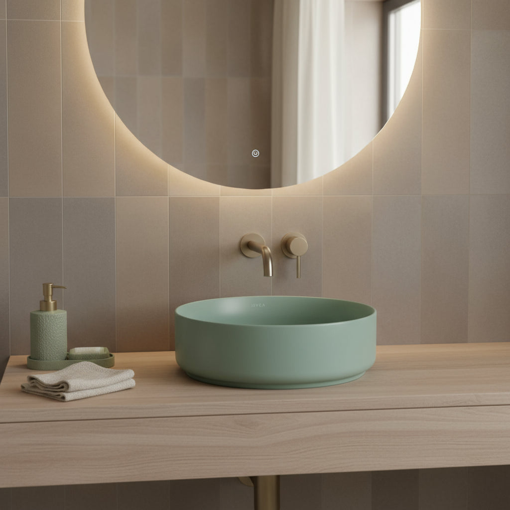 Lavabo d'appoggio tondo senza foro BathCore serie Infinity 36 cm color Menta Opaco