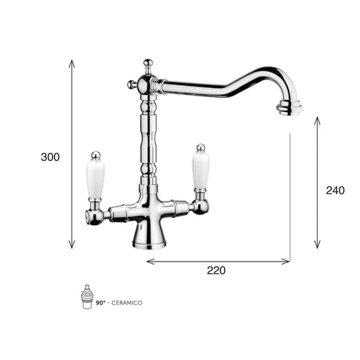Miscelatore cucina bocca antica in ottone cromato con manici bianchi modello King Keller taps by CeramicStore | Lo specialista del tuo bagno