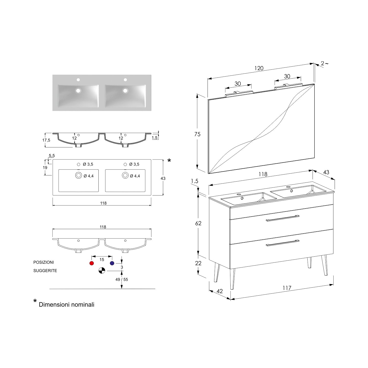 Composizione bagno sospesa Smack a 2 cassetti 118x62 con doppio lavabo, specchio con lampada LED olmo naturale by CeramicStore | Lo specialista del tuo bagno