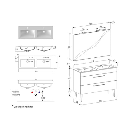 Composizione bagno sospesa Smack a 2 cassetti 118x62 con doppio lavabo, specchio con lampada LED olmo naturale by CeramicStore | Lo specialista del tuo bagno