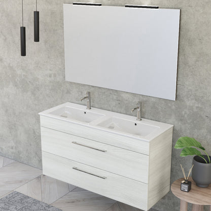 Composizione bagno sospesa Smack a 2 cassetti 118x62 con doppio lavabo, specchio con lampada LED olmo bianco by CeramicStore | Lo specialista del tuo bagno